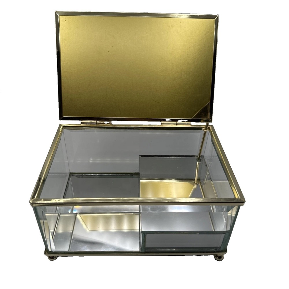 Vintage Ornate Mirrored Glass Musical Jewelry Box Gold Tone Hollywood Regency